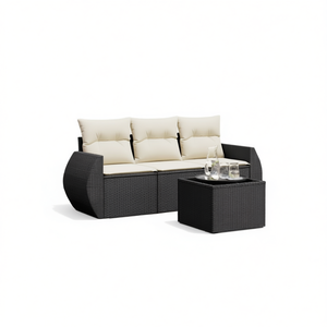 Ensemble de canapés de jardin en rotin noir avec coussins crème, mobilier d'extérieur au design contemporain, résistant à l'eau et aux UV, en rotin PE - Product Image 1