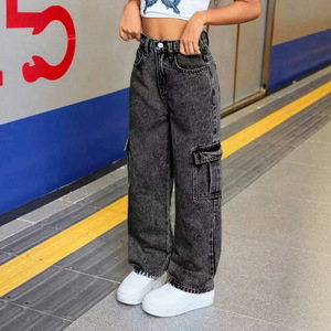 Pantalons en <span class=keywords><strong>jean</strong></span> noir tendance pour adolescentes, multi-poches latérales, coupe droite, cargo, pantalons décontractés pour enfants, personnalisés - Product Image 3