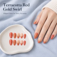 H41 Kaixin Faux Ongles à Presser Personnalisés Rouge Terre Cuite avec Tourbillon Doré, Fournitures pour Ongles Français Rouges avec Accent Doré 3D pour Intérieur