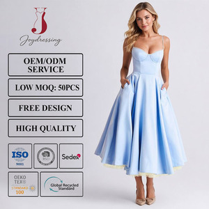 <span class=keywords><strong>Vestido</strong></span> Midi Corsé de Satén <span class=keywords><strong>Azul</strong></span> Celeste Elegante Joydressing con Bolsillos, Vestidos de Fiesta con Tirantes Finos, Venta al por Mayor y Personalizados - Product Image 1