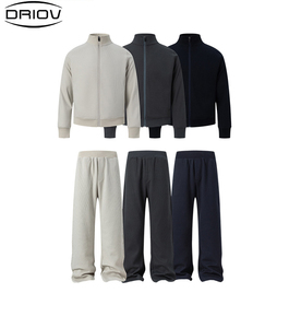 2025 biểu tượng tùy chỉnh Waffle đan thường đứng lên cổ áo Cardigan HOODIE ZIP áo khoác với chân thẳng quần Set - Product Image 1