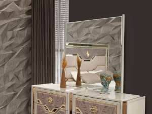 Modern Style 4 <b>Pc</b> Queen Upholstered Bedroom <b>Set</b> with Wood and Gold Accents in Beige for Hotel Use by OE HOME - Product Image 3