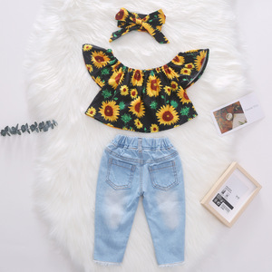 Conjunto de 3 piezas para niña, Top con estampado de girasoles y hombros descubiertos, pantalones vaqueros rasgados, diadema, trajes para niños pequeños, ropa de verano para niños, 2021 - Product Image 3