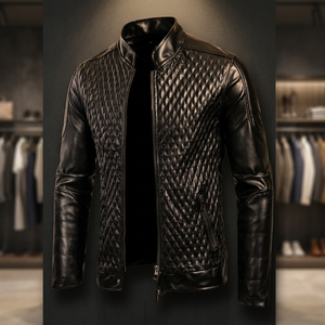 Blouson Racer Unisexe en Cuir et Toile BS International 100% Cuir Imperméable Coupe-Vent Respirant Fermeture Éclair Avant Hiver Mandarin - Product Image 1