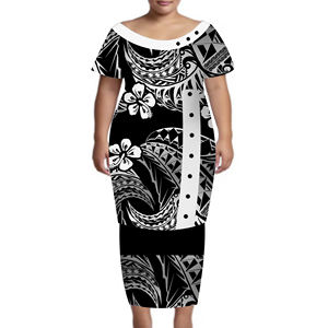 Высококачественные женские наряды на заказ, комплект из 2 предметов, платье с принтом Tonga Puletasi на пуговицах, платья большого размера с коротким рукавом - Product Image 2