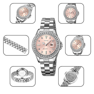 Montre à quartz ronde pour femme SKMEI, bracelet en acier inoxydable, cadran en verre, affichage à aiguilles, étanche 3BAR, élégante et tendance - Product Image 2