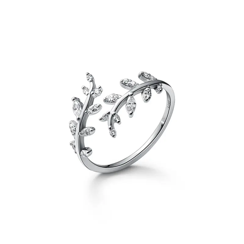 925 Sterling Silver Crystal Leaf Rings Wedding Jewelry Adjustable Antique Finger Ring For Women