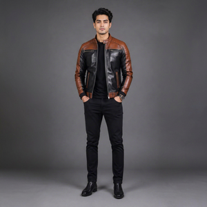 Men's Genuine <b>Leather</b> Moto <b>Jacket</b> Slim Fit Zipper Closure <b>Brown</b> Black Solid Turn-down Collar Regular Sleeve Autumn Front - Product Image 1