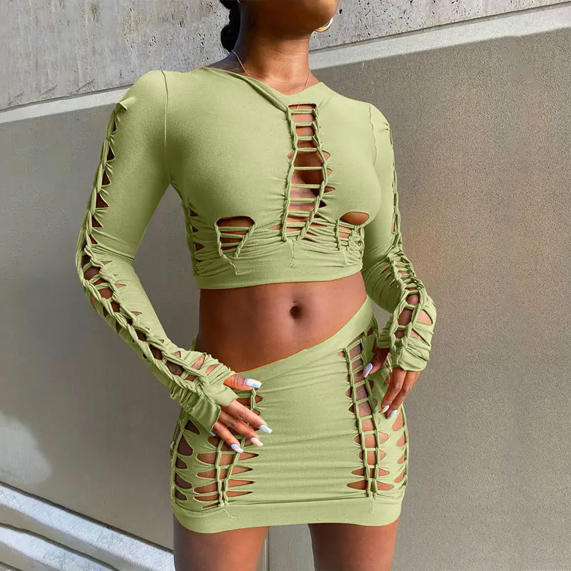 2022 Autumn Y2K Sexy Hollow Out Two Piece Sets Women Outfits Green Long Sleeve Crop Top Mini Skirt Autumn Skinny Fall Clothing