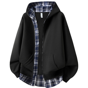Cardigan épais doublé en polaire, sweat-shirt à capuche à carreaux unisexe, double fermeture éclair, automne hiver, nouvelle veste de couple - Product Image 1