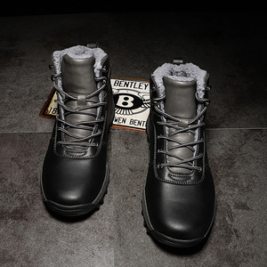 Bottes de neige pour hommes, hauteur de la cheville, en cuir véritable, doublure en peluche, chaudes, antidérapantes, semelle épaisse, bout rond, grande taille - Product Image 3