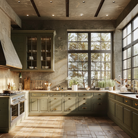 Armoires de cuisine sur mesure avec finition vert olive, portes shaker et étagères ouvertes, fabriquées sur commande pour projets d'aménagement intérieur personnalisés