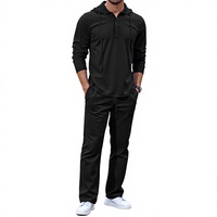Ensemble de survêtement Henley à capuche pour homme, noir uni, manches longues, décontracté, respirant, anti-boulochage, en coton tricoté 220g, collection Printemps