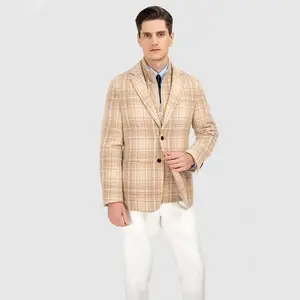 Mtm Custom Beige Geruite Slim-Fit Blazer Ademend Tweedelig Casual Pak Met Enkelborstsluiting Met Ritssluiting Voor Volwassenen