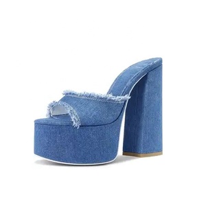 Custom Logo Colors High Chunky <b>Heels</b> Women Thick <b>Platform</b> Denim Outdoor Sandals Breathable Summer on Slippers - Product Image 2