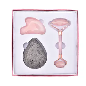 Rodillo De cuarzo rosa antienvejecimiento para masaje Facial, Rodillo De piedra De Jade Natural, herramientas Gua Sha y caja, 2023