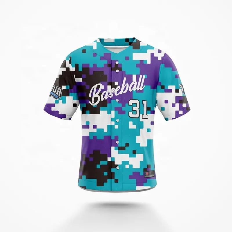 Camiseta de béisbol de camuflaje sublimada personalizada, jersey de softball con número de logotipo
