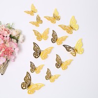 12 autocollants muraux papillons 3D creux métalliques en spirale, style nordique, doré brillant, multi-tailles, en papier, pour mariage et anniversaire