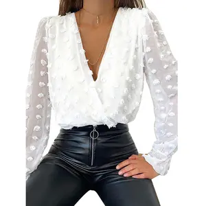 נשים העמוק V צוואר למעלה לבן אקארד אופנה חולצה נשי ארוך שרוול שיק חולצה סקסי מנוקדת מוצק צבע רשת חולצות