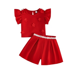 Kids <strong>Girl</strong> Two Piece Clothes Set Floral Flutter Sleeve Crop Top High Waist Wide Leg <strong>Shorts</strong> <strong>Red</strong> Summer Outfit - Product Image 5