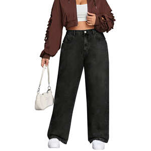 Jeans en denim stretch à jambe droite taille haute pour femmes grandes tailles - Jeans maman noirs confortables pour femmes (S-8XL) - Product Image 1