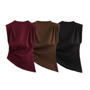Top de verano para mujer con hombrera decorativa plisada, nuevo estilo Europeo Americano, venta al por mayor, Chaleco Corto, camiseta Sexy ajustada - Product Image 5