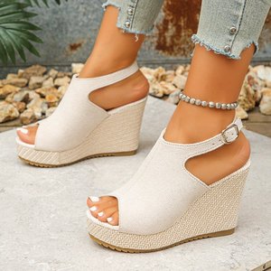 Sandalias de tacón alto para <span class=keywords><strong>mujer</strong></span> de talla grande, con plataforma gruesa, estilo peep-toe, con correa de esparto y hebilla, para comercio transfronterizo. - Product Image 5