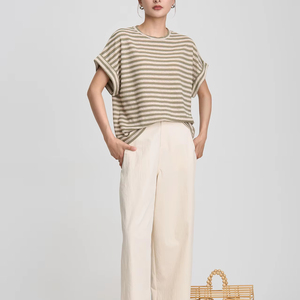 T-shirt d'été à col rond pour <span class=keywords><strong>femme</strong></span> Tops à <span class=keywords><strong>manches</strong></span> <span class=keywords><strong>courtes</strong></span> rayés - Product Image 1