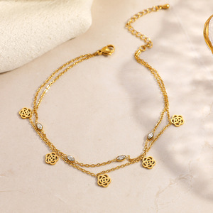 Fashion <b>Anklets</b> Stainless Steel 18k <b>Gold</b> Plated Flower Design Bezel Setting Foot Ornament Vacation Style - Product Image 4