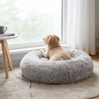 Coussin de couchage pour animaux de compagnie lavable en machine, avec housse à capuche, type donut, pour chats et chiens