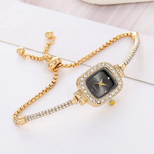 Thời trang phụ nữ vuông thạch anh xem Bling long lanh kim cương Đồng hồ tự do điều chỉnh mỏng manh Vòng đeo tay đồng hồ đeo tay - Product Image 3
