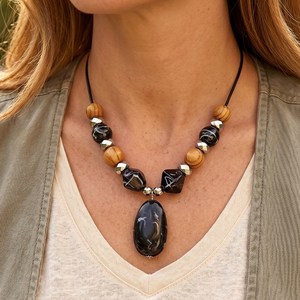 Boho Leather Cord Necklace Wooden Bead Mixed Colors Agate Pendant Women Casual Vintage Neck Ornament - Product Image 6