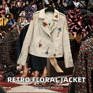 Chaqueta Corta de Motociclista de PU Reversible con Estampado Floral y Bordado para Mujer, Forro de Nailon, Estilo Punk Negro, Impermeable y Transpirable - Product Image 2