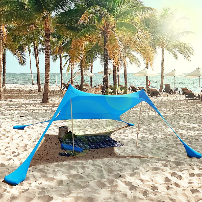 الشاطئ في الهواء الطلق خيمة Upf 50 الأشعة فوق البنفسجية الشمس المأوى خيمة مظلة سهلة بناء تصميم إنزال خيمة للشاطئ مع مجرفة رمال