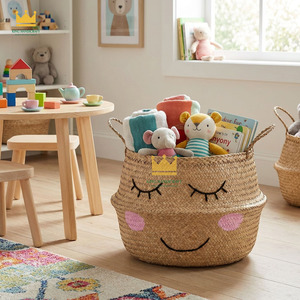 Cute Rattan Storage <b>Basket</b> With Handles Embroidered Face For Children's Toy Organization <b>Cheap</b> Price - Product Image 3