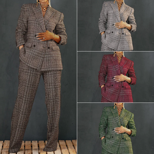 Trajes de Oficina para <span class=keywords><strong>Mujer</strong></span> X8280, Conjunto de Dos Piezas con Pantalones Holgados y Chaqueta Cruzada a Cuadros, Estilo Ejecutivo - Product Image 2