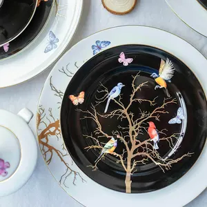 Bloemen Vlinder Bone China Vogel Met Golden Rim Porselein Diner Set Keramische Servies Set