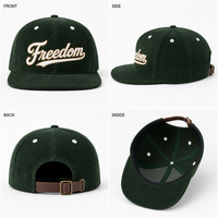 Casquette de baseball personnalisée en velours côtelé à visière plate, 6 panneaux, avec broderie script et sangle en cuir réglable, vente en gros, OEM, faible MOQ