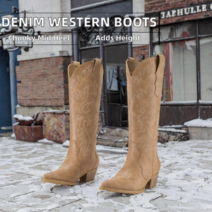 Bottes de cowboy mi-mollet pour femme, style western, à bout pointu, talon épais, à enfiler, brodées, marron, tendance - Product Image 2