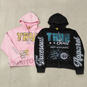 Custom DTG Serigrafía Boxy Heavyweight Cremallera Chaquetas Algodón Desgastado Rhinestone Zip up Hombres Sudadera con capucha - Product Image 1