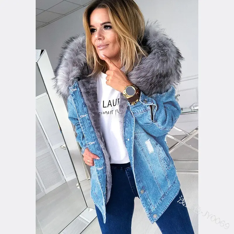 Áo Khoác Denim Thường Ngày Ấm Áp Ngoại Cỡ Mùa Đông Tùy Chỉnh 2022 Áo Khoác Nữ Mùa Đông Cổ Áo Giả Lông Trang Phục Đường Phố