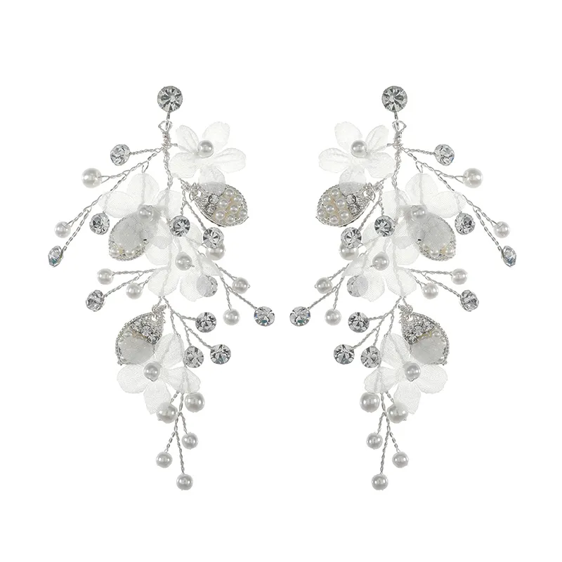 Wedding Jewelry Handmade Imitation Pearl Earrings Women White Cloth Flower Vintage Bridal Earrings