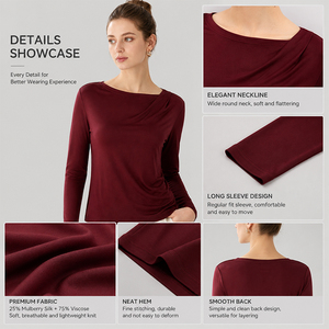 T-shirt à manches longues en soie de mûrier pour femme, col asymétrique, coupe ample, grande taille, personnalisable avec logo, doux, respirant et de qualité supérieure - Product Image 3
