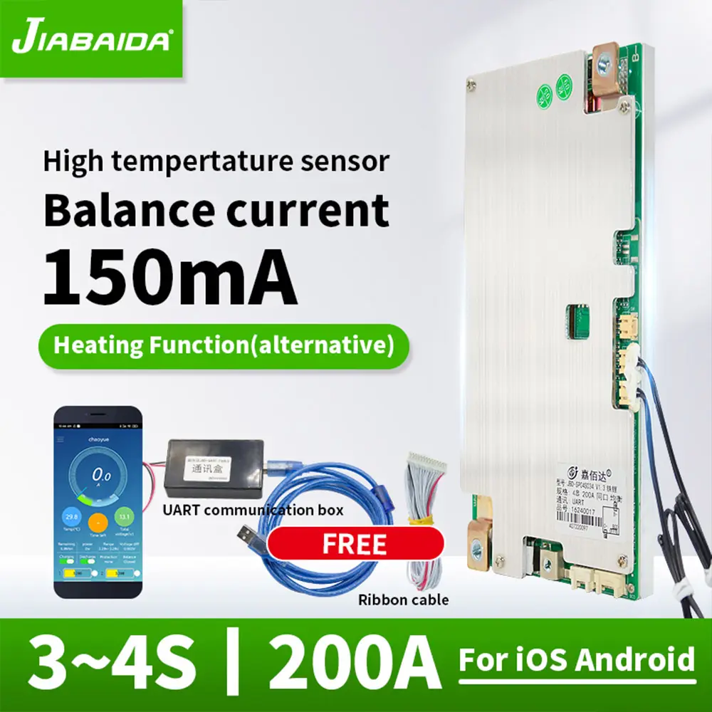 Jiabaida Sp04s034 Lifepo4 Batterijbeheersysteem 3S 4S 100a 120a 150a 200a Bms Voor Startvermogen Met Uart Rs485 Verwarming