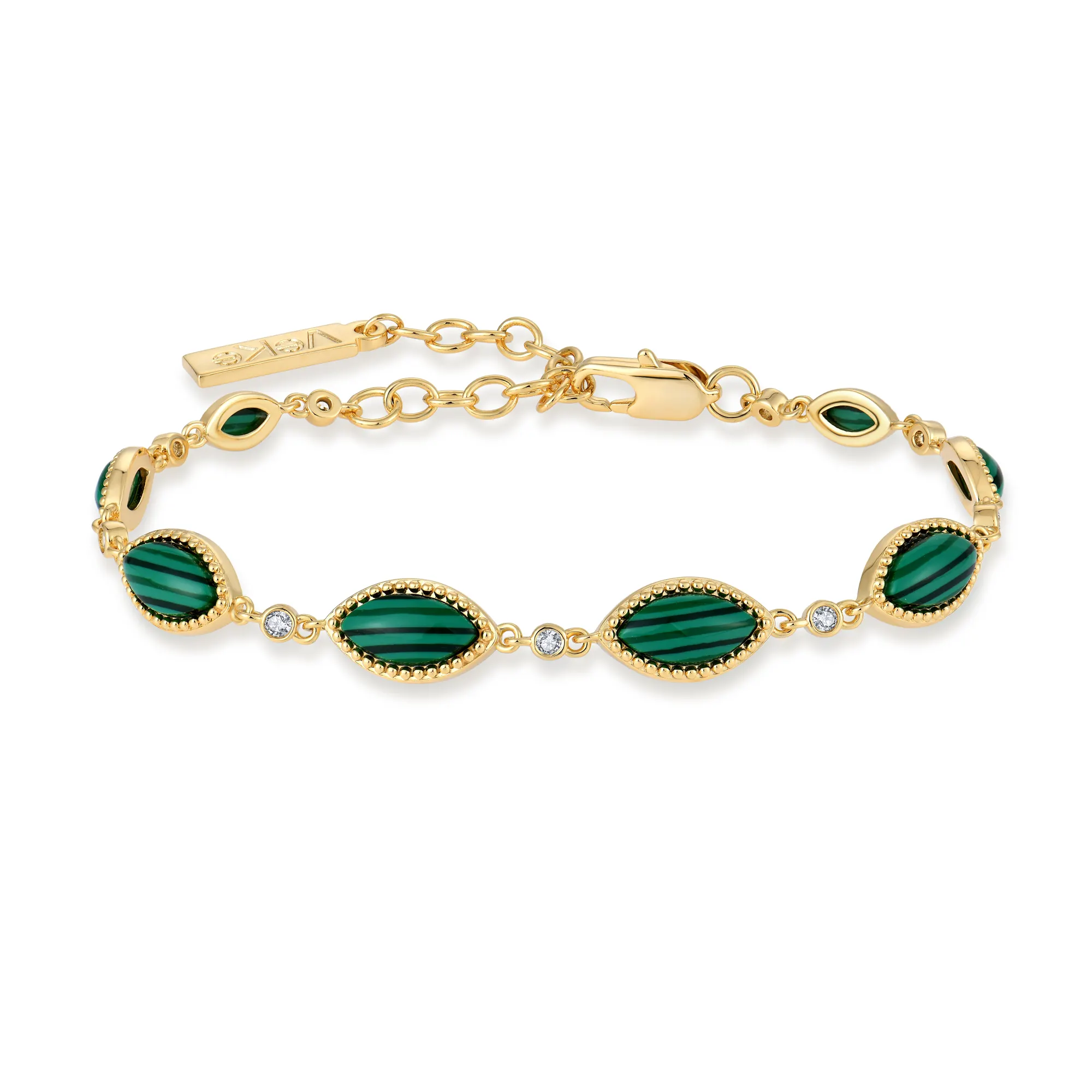 Bracelet de bijoux de luxe personnalisé à la mode en argent sterling 925 bracelet de perles de pierres précieuses malachite plaqué or 18 carats