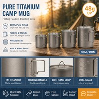 Mug de camping pliable à paroi simple en titane pur de 450 ml, tasse à café de voyage en plein air avec couvercle et sac de rangement