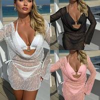 Nouveau Maillot de Bain Femme Trois Pièces 2026 Europe États-Unis, Col Montant, Paillettes Spéciales, Manches Longues, Maille, Uni, Taille Haute