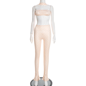 女性ドットプリント 2 ピースセットトラックスーツセクシーな背中の開いたホルタータンクトップ + レギンスマッチングストリートウェアストレッチ衣装 - Product Image 4