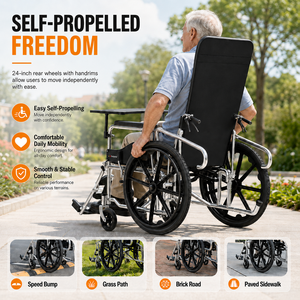 <span class=keywords><strong>Silla</strong></span> <span class=keywords><strong>de</strong></span> <span class=keywords><strong>Ruedas</strong></span> Manual Autopropulsada Completamente Reclinable con Asiento <span class=keywords><strong>de</strong></span> Acero al Carbono y Malla, <span class=keywords><strong>Ruedas</strong></span> Integradas <span class=keywords><strong>de</strong></span> 24 Pulgadas, Reposapiés Ajustables, Freno, Orinal y Mesa - Product Image 5