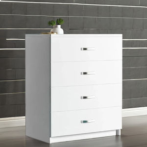 Cómoda Moderna Blanca de 4 Cajones, Mesa de Noche de Estilo Escandinavo y Francés, Mueble de Almacenamiento para Dormitorio Hecho de MDF, Cuero y Metal - Product Image 1